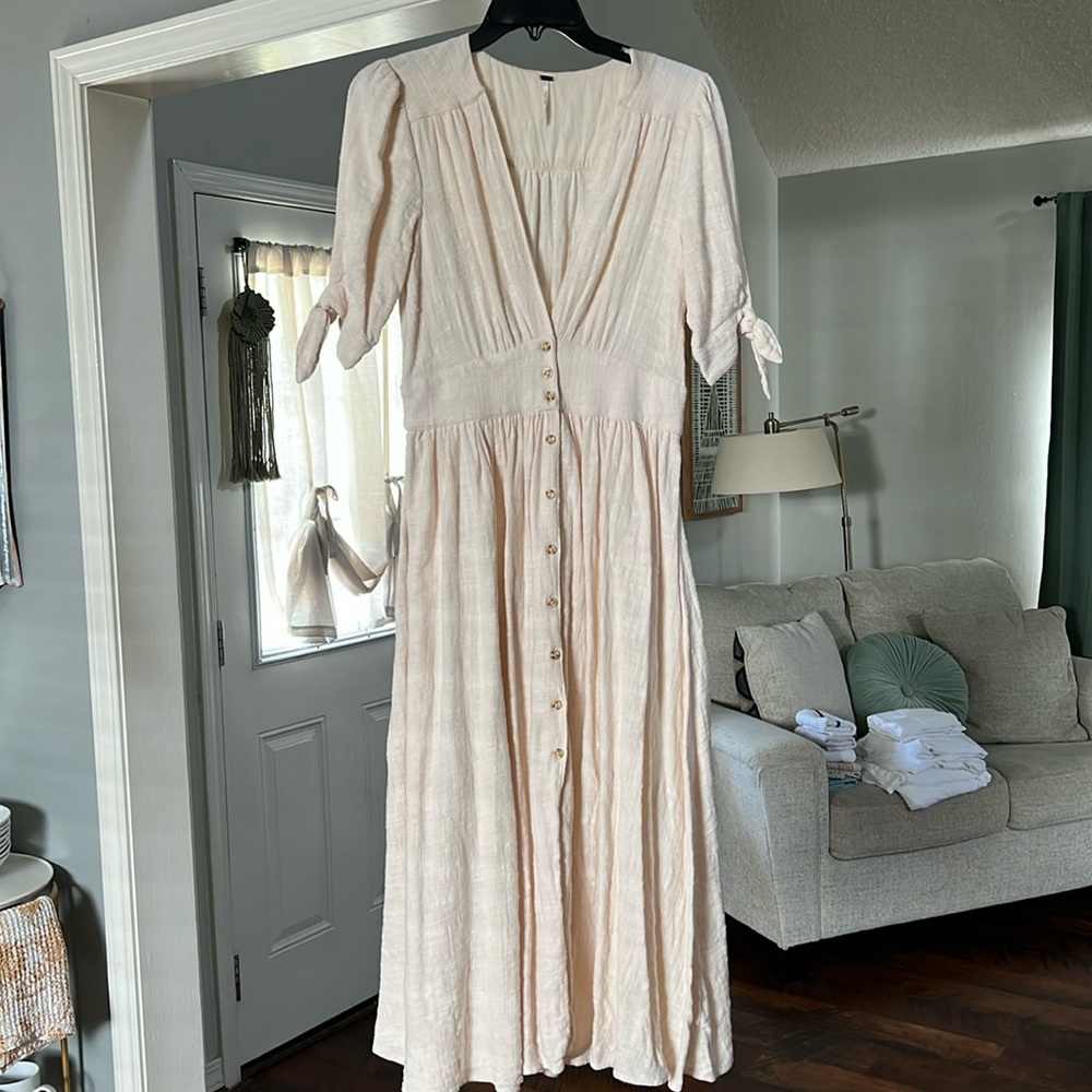 Free People “Love of My Life” beige cotton midi dress, Size Small